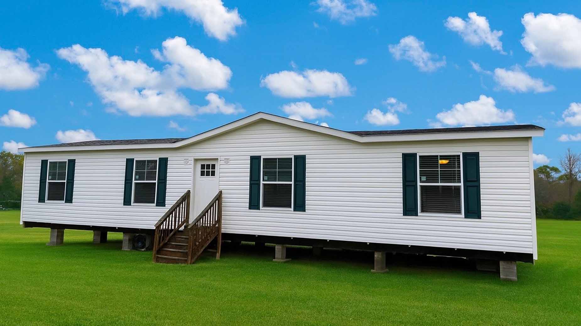 A white manufactured home with black shutters sits elevated on blocks in a grassy field beneath a bright blue sky.